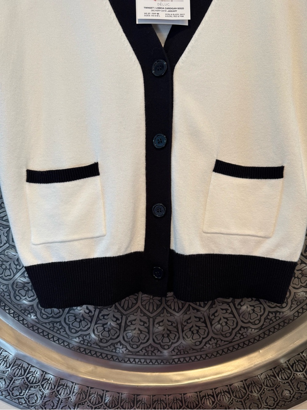 Deluc Ecru Cardigan Sweater with Black Trim LG - Picture 6 of 7